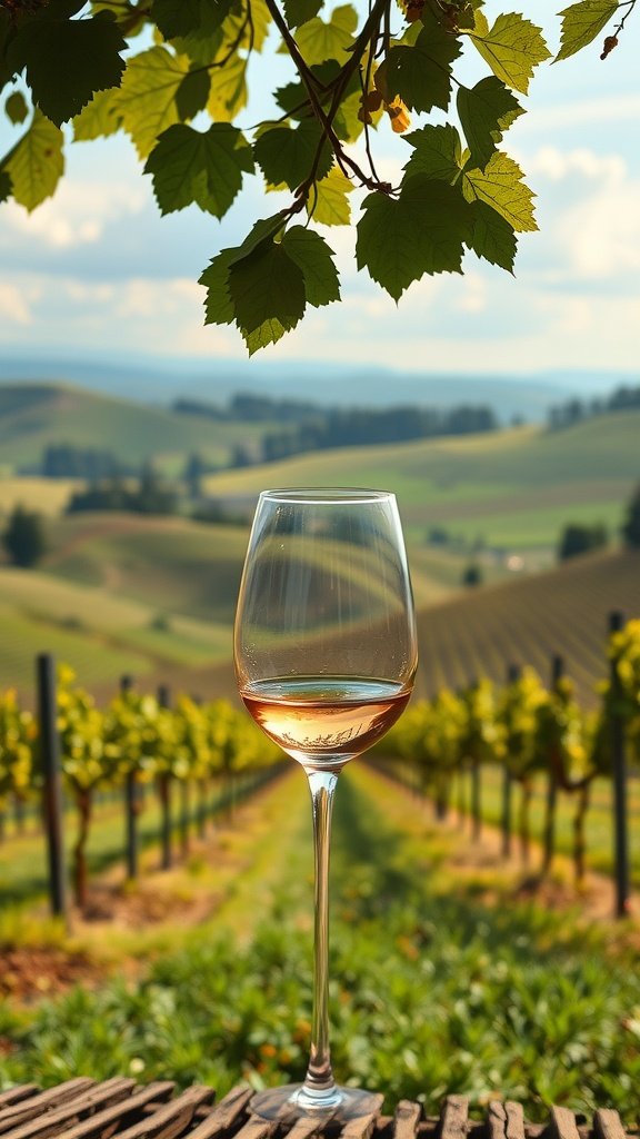 A picturesque vineyard with rolling hills, a wine glass in the foreground