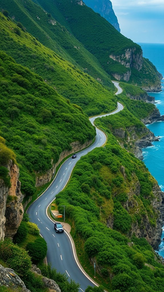 A winding coastal road with lush green mountains on one side and the blue ocean on the other.